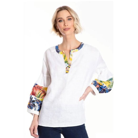 John Mark White Popover Linen Tunic 1X V-neck Blouson Sleeve Tropical Floral - Picture 12 of 12